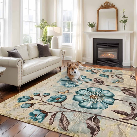 6'x9' Area Rugs, Blue Tulip Indoor Outdoor Area Rug for Living Room Bedroom, Vintage Flowers Leaves Butterfly Khaki Rustic Washable Bathroom Rugs Kitchen Floor Carpet Mats Home Decor Aesthetic