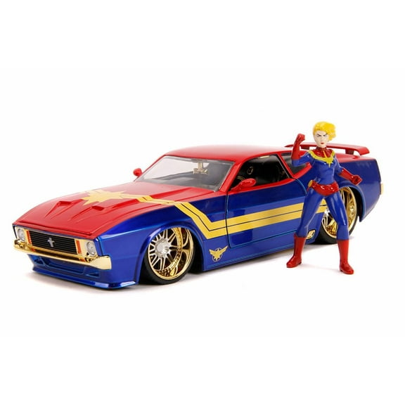 1973 Ford Mustang Mach 1 with Captain Marvel Figure, Red and Blue - Jada 31193/4 - 1/24 Scale Diecast Model Toy Car