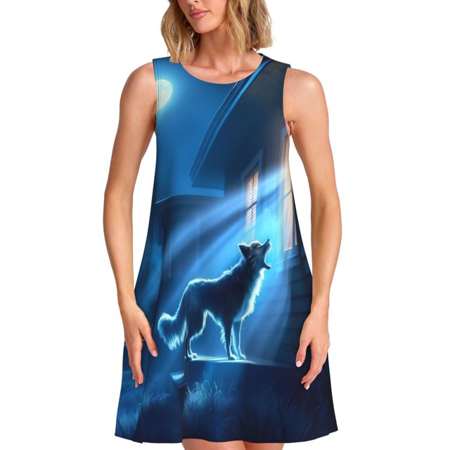 Fotbe A Wolf Barks Out A Window Vestido de Verano sin Mangas para Mujer – Vestido Midi Línea A, Estilo Camiseta Floral, Vestido Playero Casual y Fluido