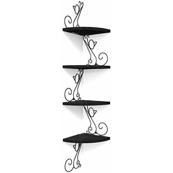 Corner Shelves - Wall Mounted Floating Wood Shelf, 4 Tier Rustic Storage Shelf, Cat Shaped Shelving for Wall, Solid Wooden Decor for Living Room, Bedroom, Kitchen (Black)