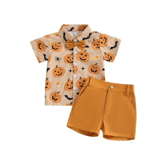 RUINIXCW Toddler Baby Boy Halloween Gentleman Outfit Infant Boy Summer Fall Clothes Pumpkin Turn Down Collar Short Sleeve Shirt Bowtie and Shorts Set