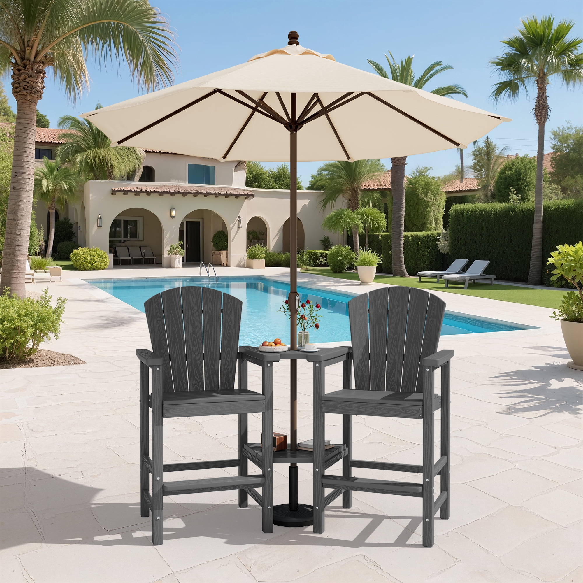SERWALL Tall Adirondack Chairs Set of 4 with Double Layer Connecting Tray, HDPE Bar Height Outdoor Chairs, for Patio, Balcony, Porch, Pool, Gray