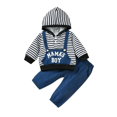 

IZhansean Infant Toddler Baby Boy 2Pcs Clothes Set Striped Long Sleeve Hoodie Hooded Top Jeans Fall Winter Outfits Blue 3-6 Months