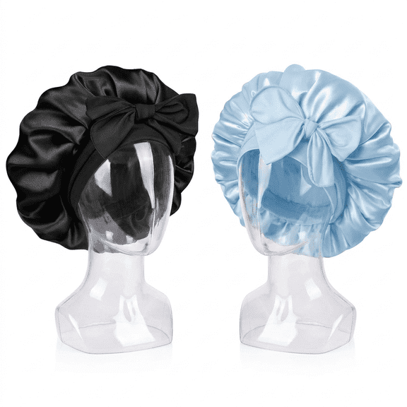 ROSEXIXI 2pcs 16.54inch, Satin Sleep Bonnets with Bow Tie, Elastic Wide Band Night Cap for Curly Hair, Silky Hair Wrap Head Cover for Beauty Salon and Sleeping, Black and Light Blue