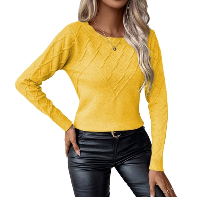 Suéteres de Cuello Redondo, Larga, Ligeros, Holgados y de Punto para Mujer, Estilo Informal, A , para Otoño Amarillo L