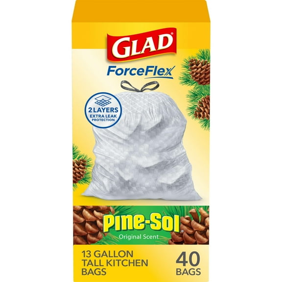 Glad Trash Bags, ForceFlex Tall Kitchen Drawstring Garbage Bags, 13 Gal, Pine-Sol Original, 40 Ct, Pack May Vary BE15 BE15