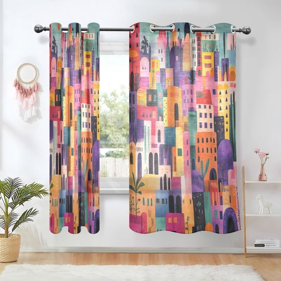 Yayeee Window Curtains Light Filtering 63"x42" Grommet Panel Pair Home Living Room Decor, Art Buildings