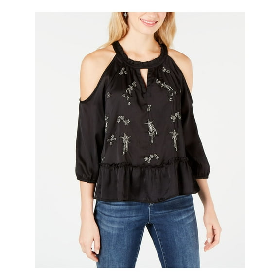 INC $89 Womens New Black Cold Shoulder Embellished Keyhole Long Sleeve Top S B B