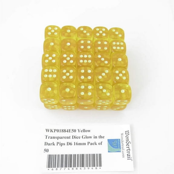 Yellow Transparent Dice with Glow in the Dark Pips D6 16mm (5/8in) Pack of 50 Wondertrail