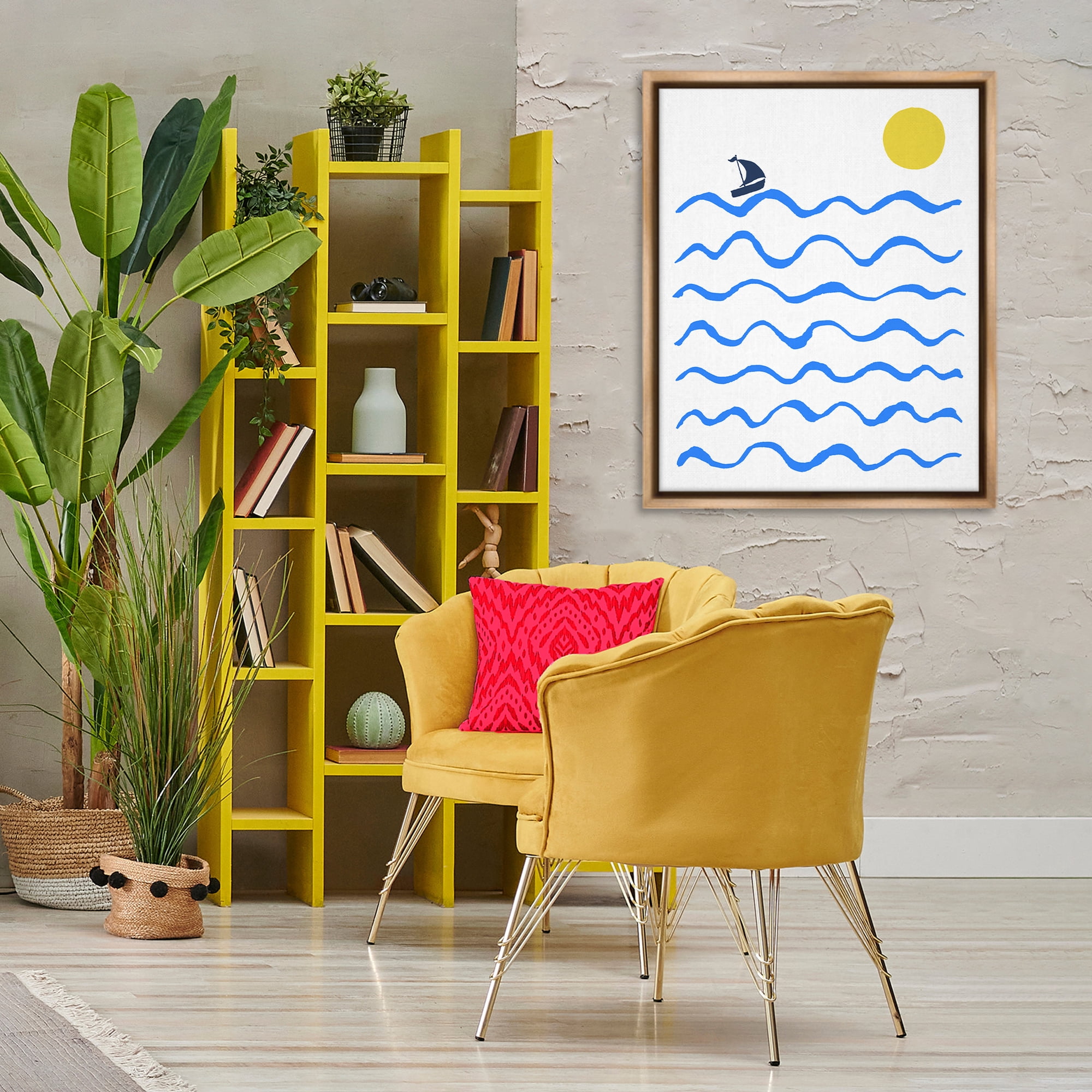 Stupell Industries Blue Waves & Sailboat Doodle Nautical & Beach Painting Brown Floater Framed Canvas Art Print Wall Art, 25 x 31
