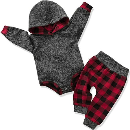 

Newborn Baby Boy Clothes Plaid Letter Print Long Sleeve Hoodies + Long Pants 2PCS Fall Winter Outfits Set 9-12 Months