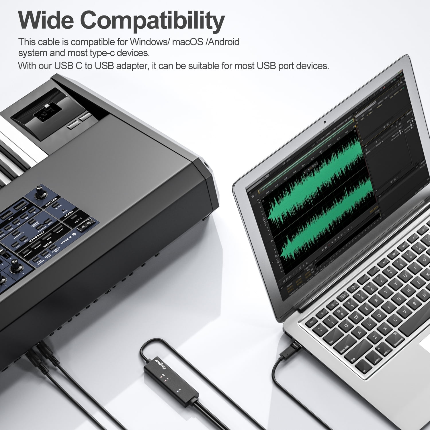 Fasgear USB C MIDI Cable with Type C to USB Adapter, 6ft Type C to