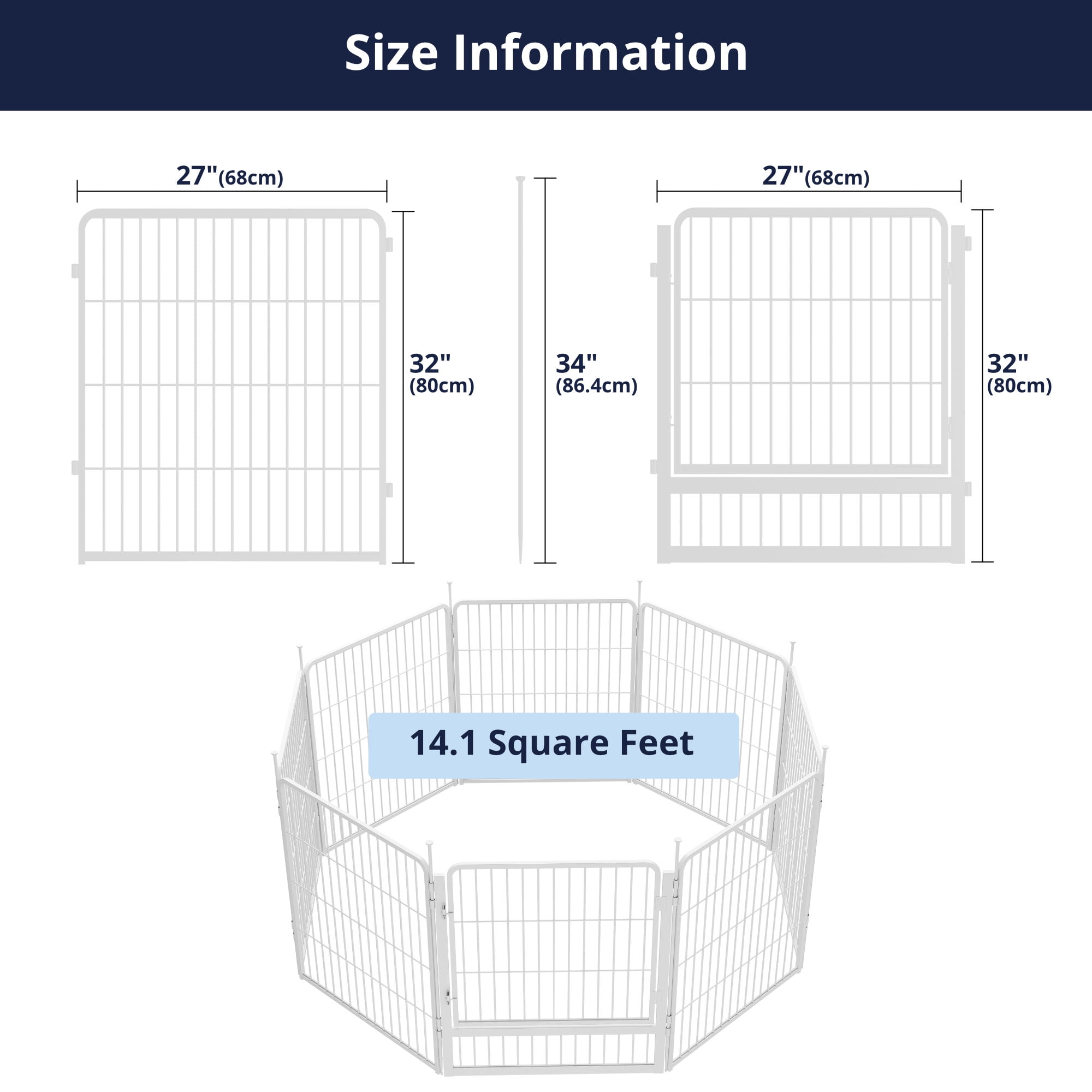 SunsGrove Decorative Garden Fence with Gate 32 in(H) x 17.8 ft(L) 8 Panels, Heavy Duty Metal Animal Barrier for Dog and Rabbit, Outdoor Fencing, Easy Set Up, White