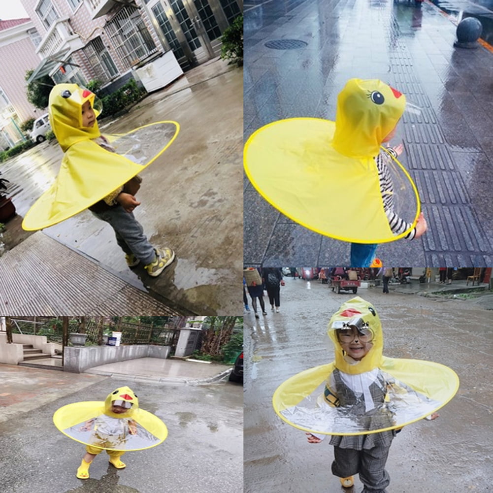 Children Cute Cartoon Duck Raincoat Umbrella UFO Shape Rain Hat Cape Foldable 