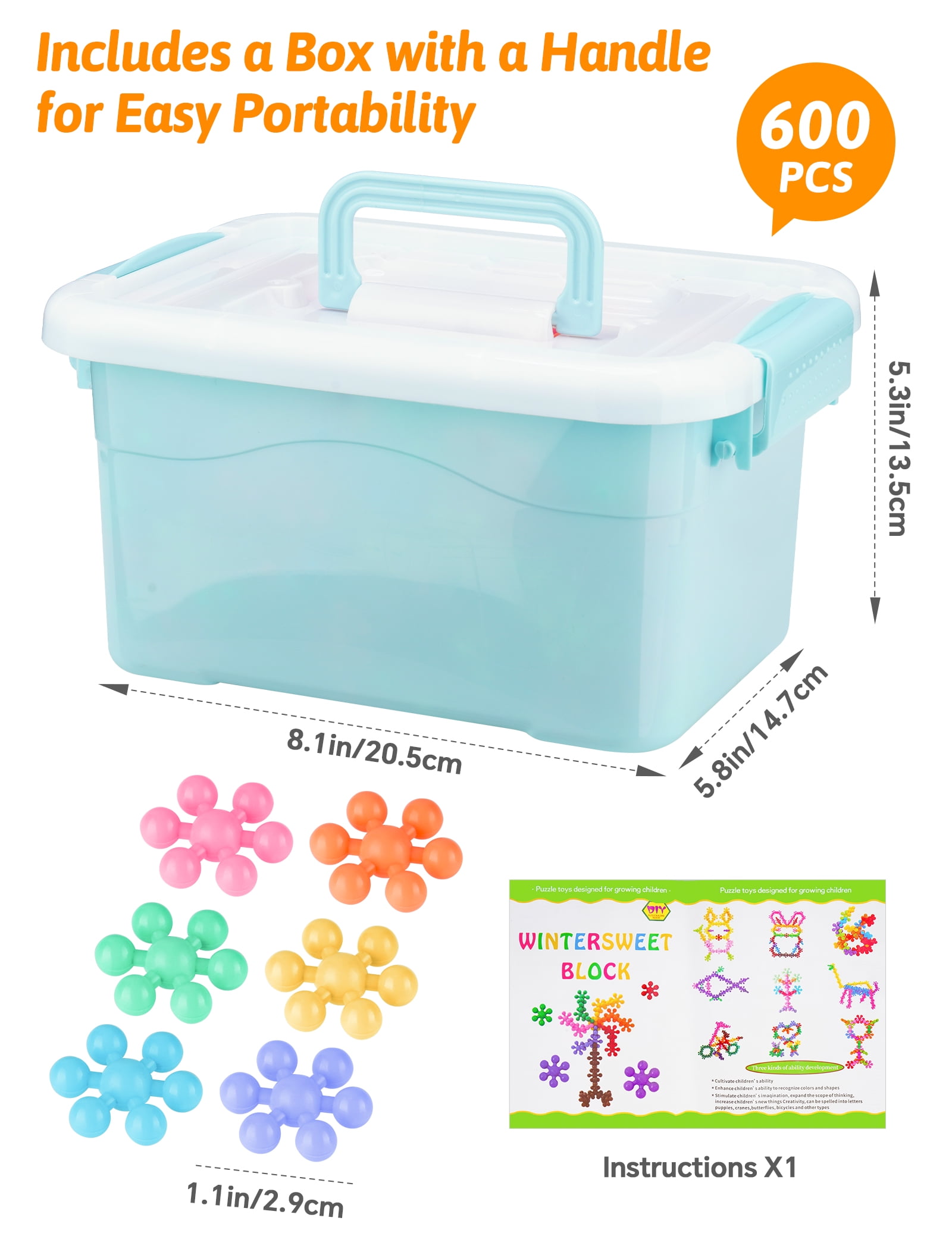 Macaron Color Interlocking Building Blocks Set – 600pcs Snowflake Shape Plastic Construction Toys in 6 Pastel Colors with Storage Box, Educational STEM Blocks for Kids Creative Play (Macaron Colors)