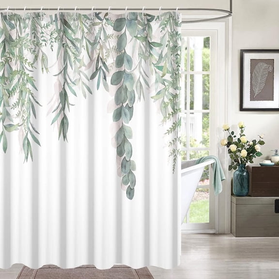 Sage Green Eucalyptus Shower Curtain, Spring Plant Leaves Shower Curtain Waterproof Fabric Watercolor Green and Gold Shower Curtain Set with Hooks, 84x84 Inch