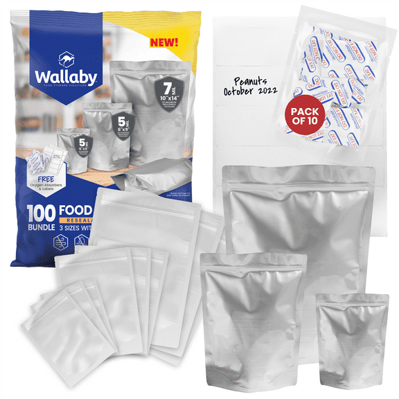 Wallaby 100 Count Gusset Mylar Bag Bundle Heat Sealable & Zipper Pouches Food Storage - Silver