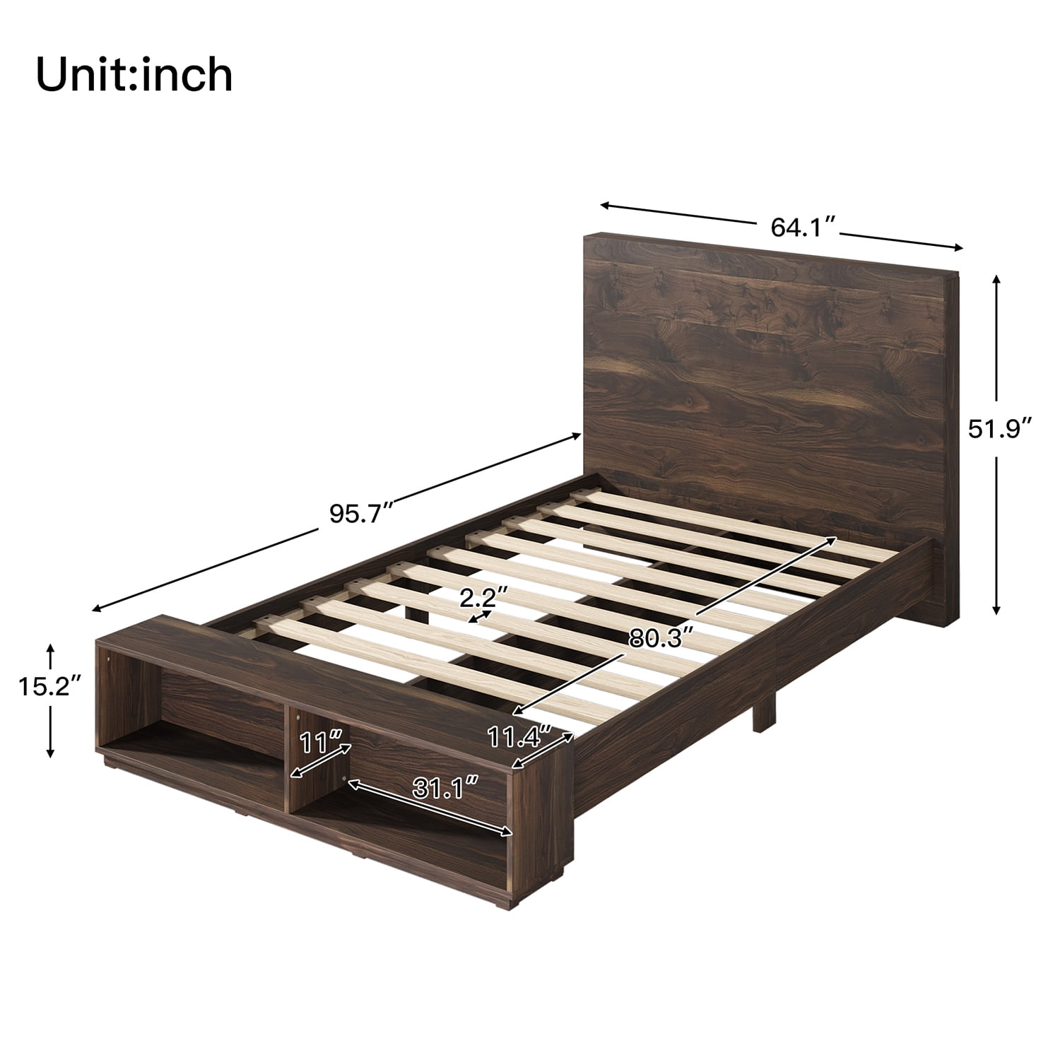 Kadyn Queen Size Wood Platform Bed, Wood Storage Queen Bed with Storage Bench in Walnut, Modern MDF Farmhouse bedstead for bedroom, Walnut