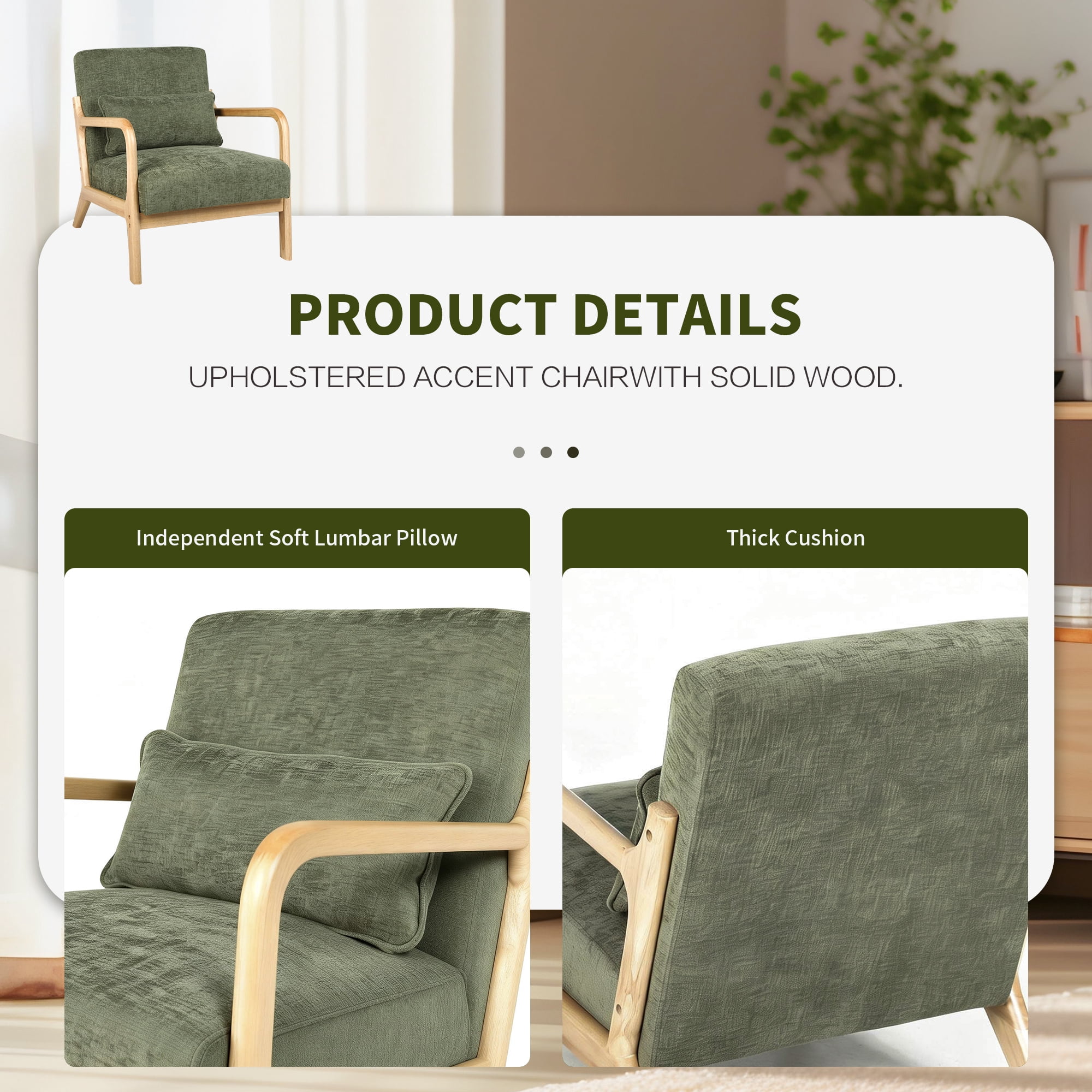 Leumius Accent Chair, Mid Century Modern Armchair with Solid Wood Frame and Detachable Lumbar Pillow for Living Room, Bedroom, Office Green