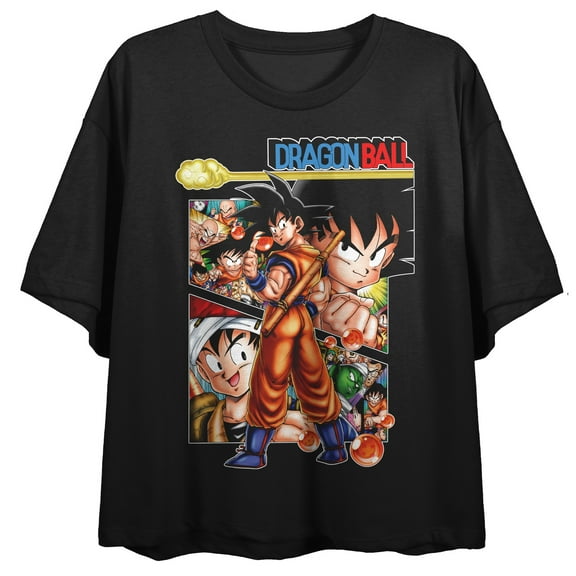 Dragon Ball Classic Group & Logo Crew Neck Short Sleeve Women's Black Crop T-shirt-Medium