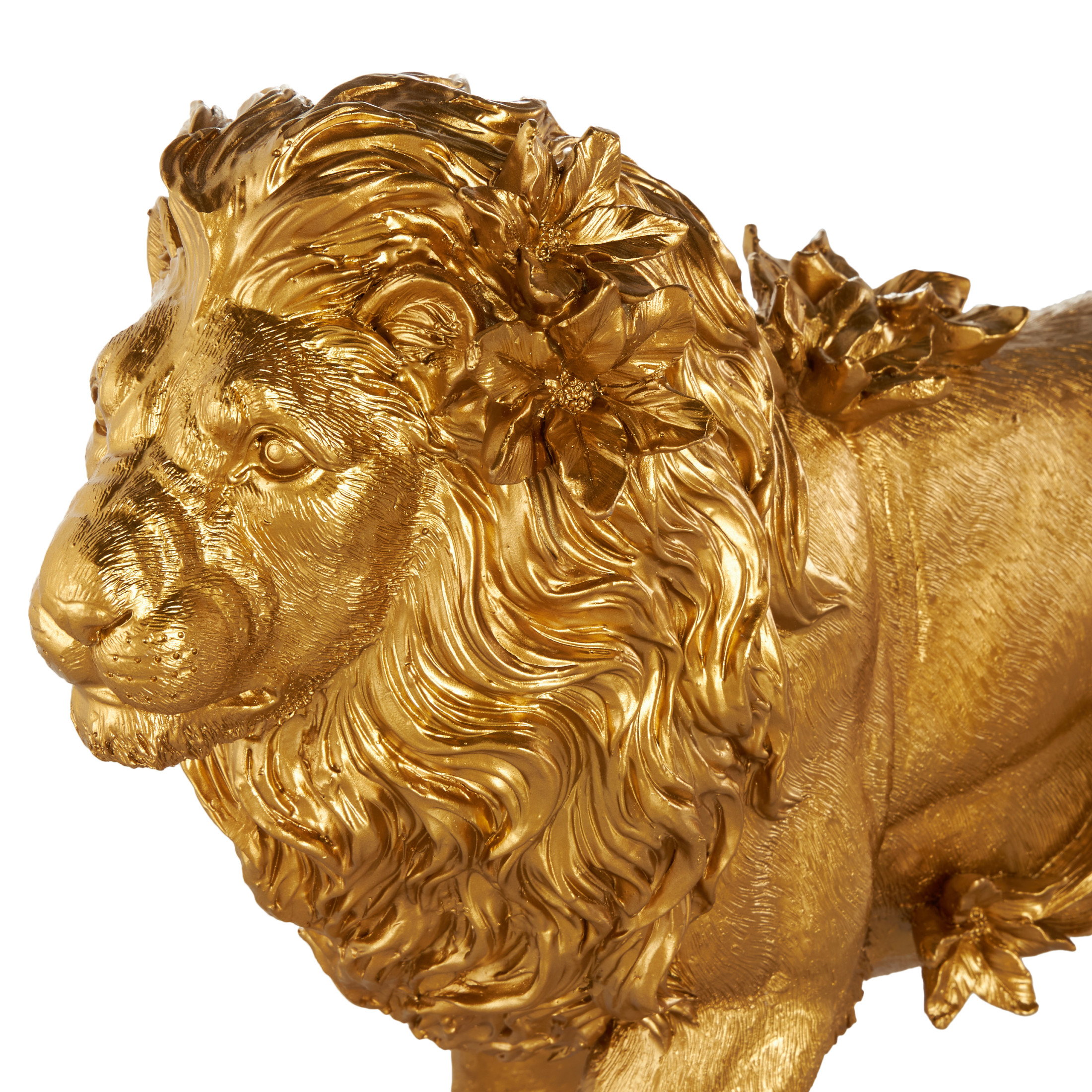 18" x 13" Gold Resin Walking Lion Sculpture with Floral Accents, by DecMode