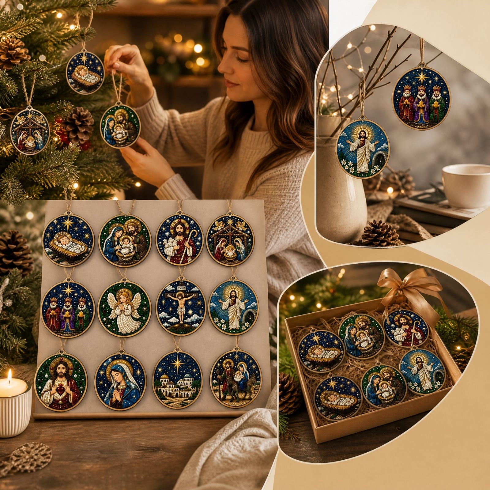 12 Pack DIY Christmas Pearl Painting Ornaments Religious Nativity Bead Art Craft Set Hanging Decoration for Christmas Tree Holiday Decor