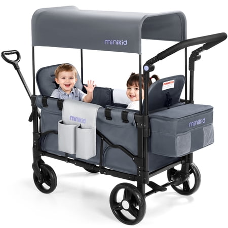 Minikid Baby Wagon Stroller for 2 Kids,Toddler Stroller With Canopy, Gray
