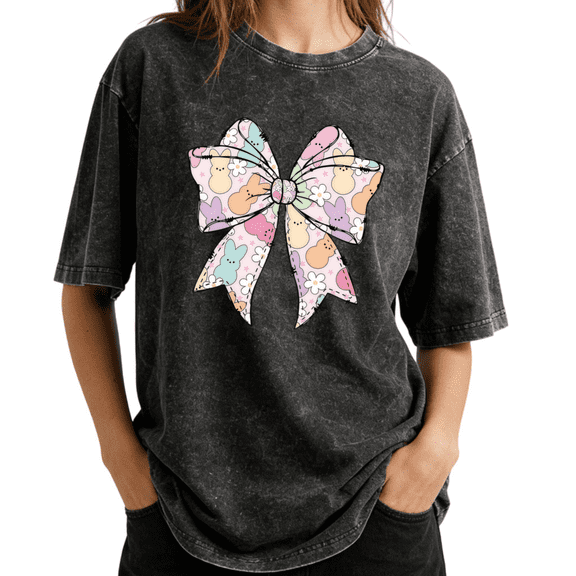 Easter Bunny Peep Coquette Bow Wash Print Tshirt S-2XL Washed Black Graphic Tees Casual Shirts for Spring Easter Tops