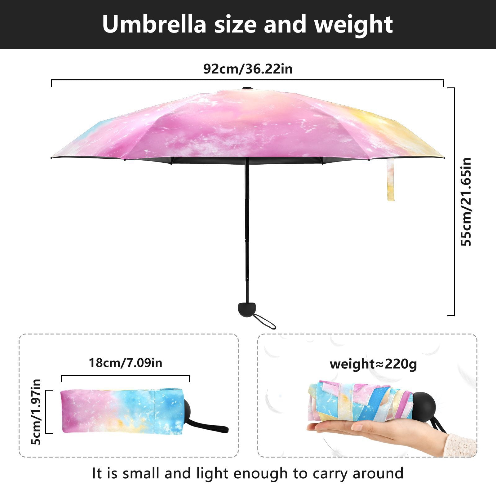 JSTEL Tie Dye Rainbow Color Folding Umbrella for Rain Sun Travel Mini Lightweight Compact Umbrellas