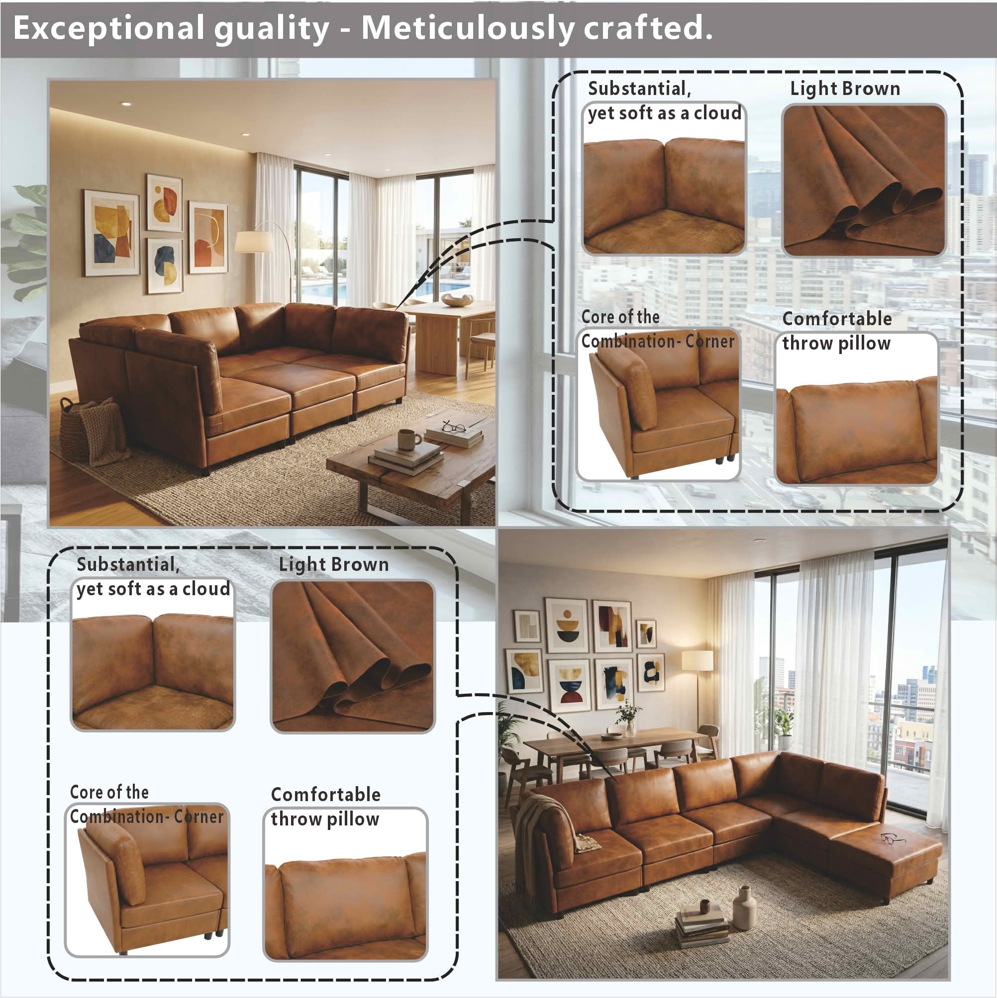 MAYEERTY 94.5 Inch Modular Corner Sectional Sofa, Freely Configurable Modern Couch with Convertible Ottoman & Sturdy Support Legs