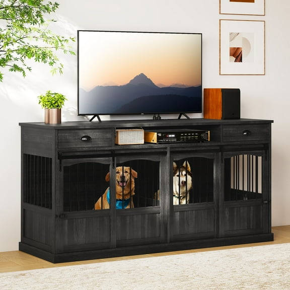 Homiflex 70.86 Inch Double Dog Crate Furniture with Storage for 2 Medium Large Dogs Farmhouse Wooden Dog Kennel Furniture with 2 Sliding Doors Divider & Power Outlet Decorative Dog Cage TV Stand Grey