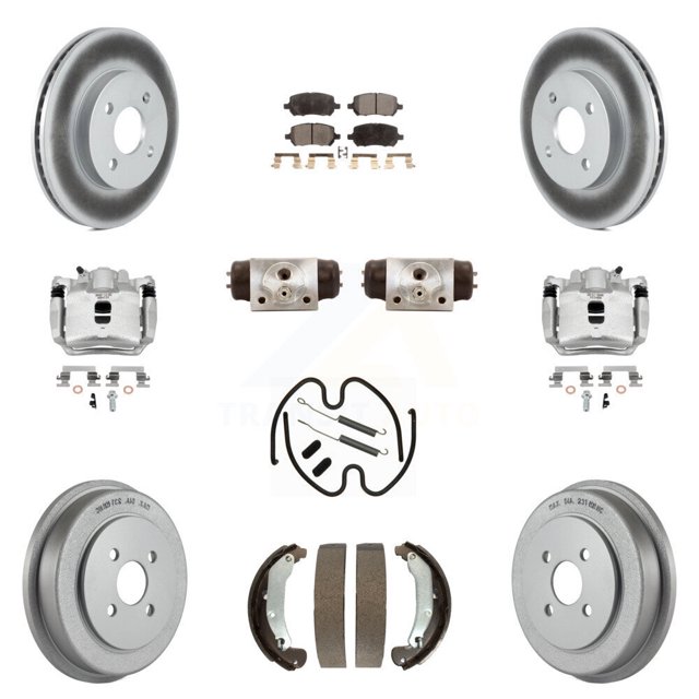 Transit Auto Front Rear Disc Brake Caliper Coated Rotors Drums Semi-Metallic Pads Shoes Wheel Cylinders and Hardware Kit (11Pc) for Car 2003 Saturn Ion To VIN 3Z100143 KCG-100378P