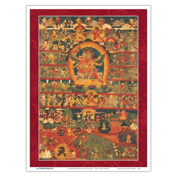 Chemchog Heruka with Consort - Buddhist Tantric Deity - Vintage Tibetan Thangka Buddhist Painting - Tibet, 19th Century - Master Art Print (Unframed) 9in x 12in
