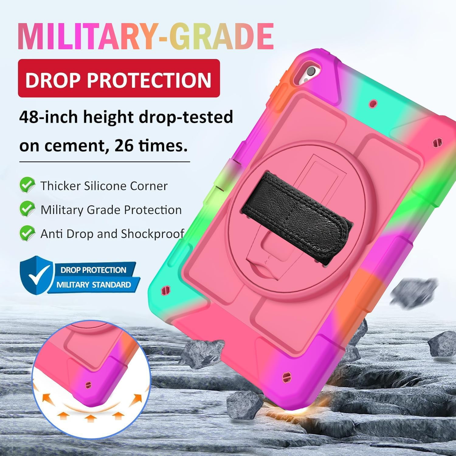 SUPNICE Rugged Case for iPad 9.7 Inch 2018/2017, 3 Layer Hybrid Shockproof [360 Rotating Stand] [Hand Strap] [Pencil Holder] Kids Case, iPad 6th Generation Case, iPad 5th Generation Case, Pink