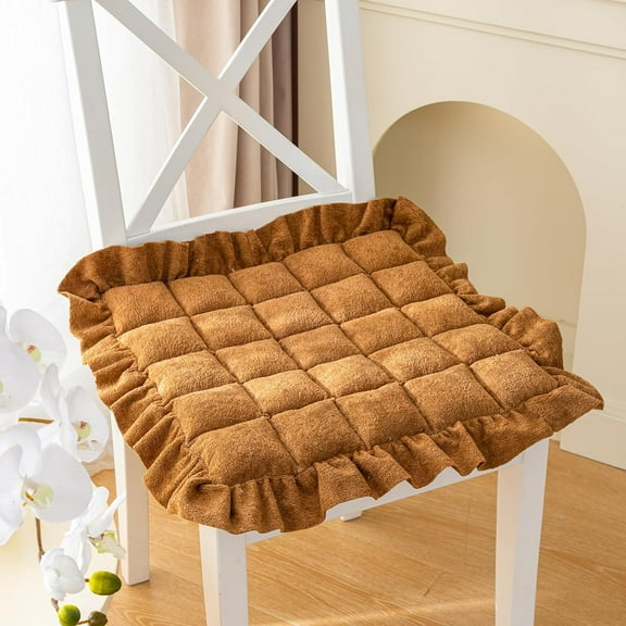 Nvzi Soft Fuzzy Plush Square Chair Cushions for Dining Room Kitchen Office Chairs Non Slip Fluffy Seat Cushion Tufted Ruffled Chair Pads with Ties (Yellow Coffee,18"x18")