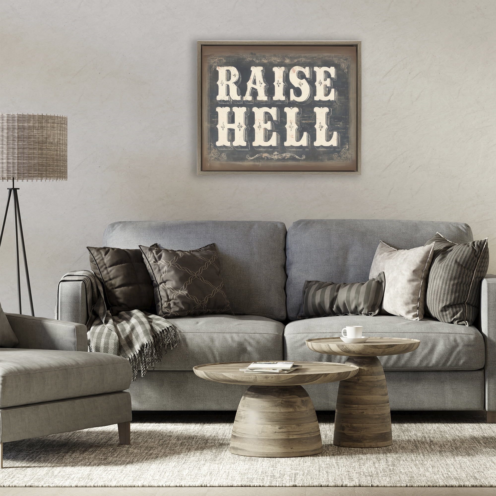Stupell Industries Raise Hell Vintage Western Brown Framed Floater Canvas Wall Art, design by Arlington Prints