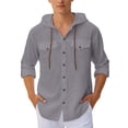 thumbnail image 5 of JTieacloth Summer Linen Long Sleeve Shirt Beach Casual Hooded Shirt Long Sleeve Solid Color Shirt Free Button Down Shirt Gray, 5 of 7