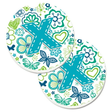 

Carolines Treasures CJ2006-XCARC Letter X Flowers and Butterflies Teal Blue Set of 2 Cup Holder Car Coasters Large