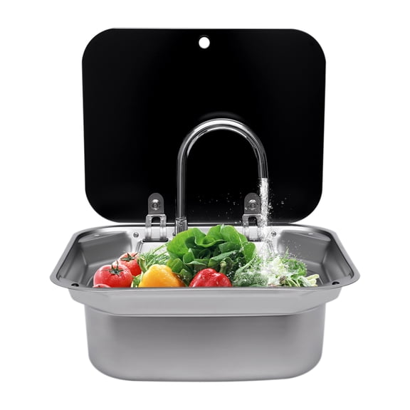 Dwellnix Compact RV Kitchen Sink with Rotatable Faucet & Tempered Glass Lid, Stainless Steel Space-Saving Design for Campers Trailers