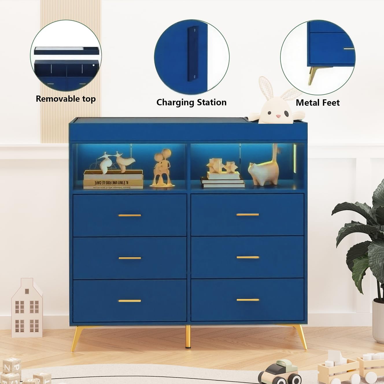 Ataucjin Dresser for Bedroom with 6 Drawers, Multi-Functional Changing Dresser with LED Lights & Charging Station,Changing Table Table with Diaper Changing Station（ship in 2 boxes）