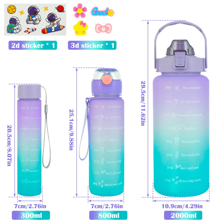 New 3 Pack Water Bottles with 2L Large Bottle 800MLPortable Bottle and  300ML Mini Bottle Motivational