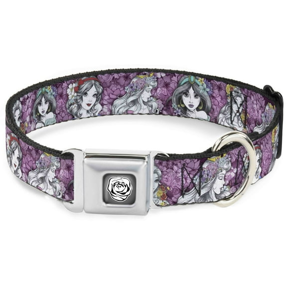 Disney Pet Collar, Dog Collar Metal Seatbelt Buckle, Princess Sketch Poses Floral Collage Pinks Grays, 15 to 24 Inches 1.0 Inch Wide