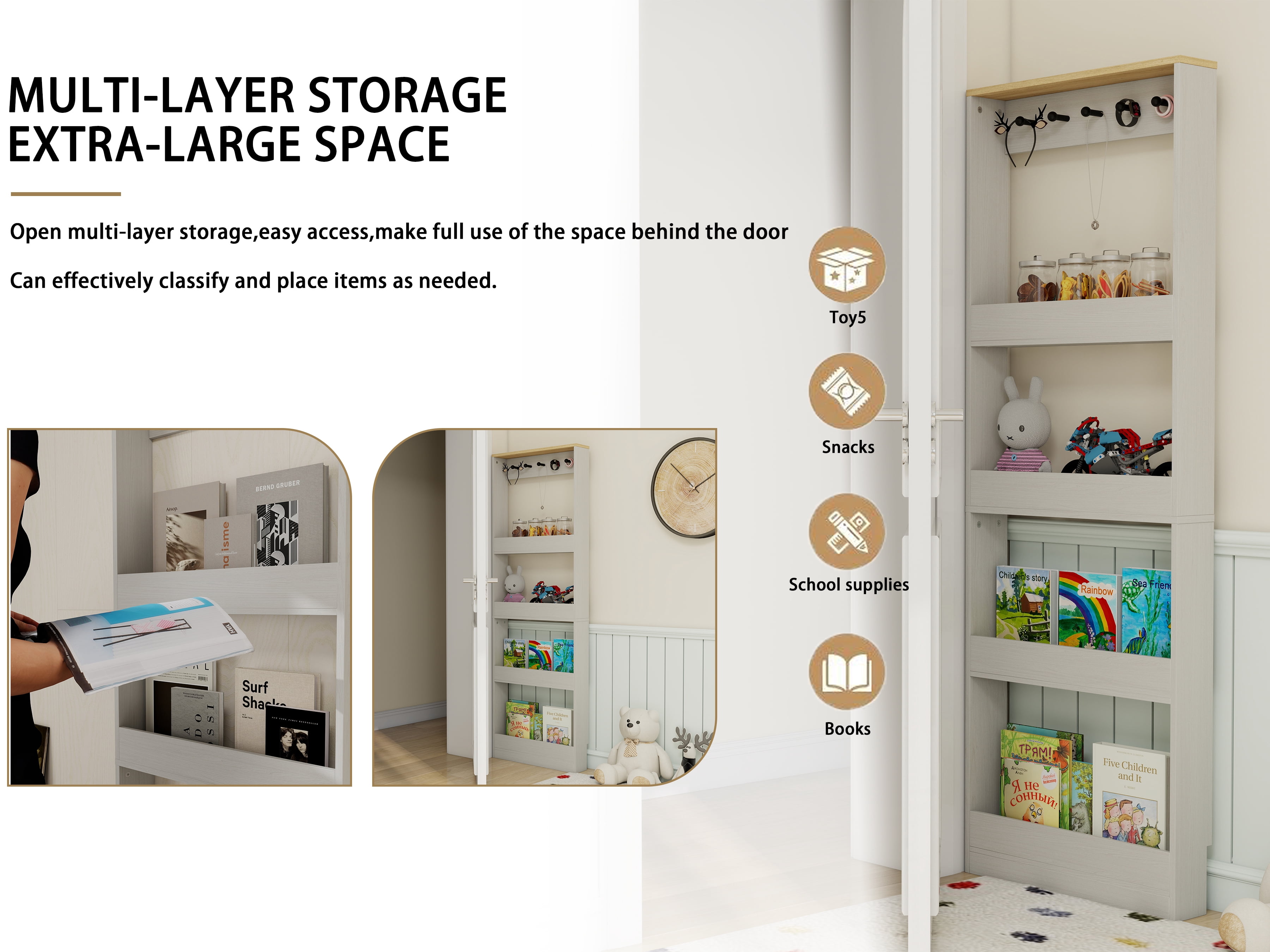 Mintazer Slim Behind Door Storage Bookshelf, 4 Tier Narrow Display Rack with 5 Hooks, Freestanding Organizer Cabinet for Entryway Living Room Bedroom, White