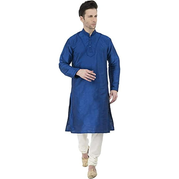 Royal Kurta Mens Silk Blend Woven Embroidered Kurta Pyjama Set (40, Blue)