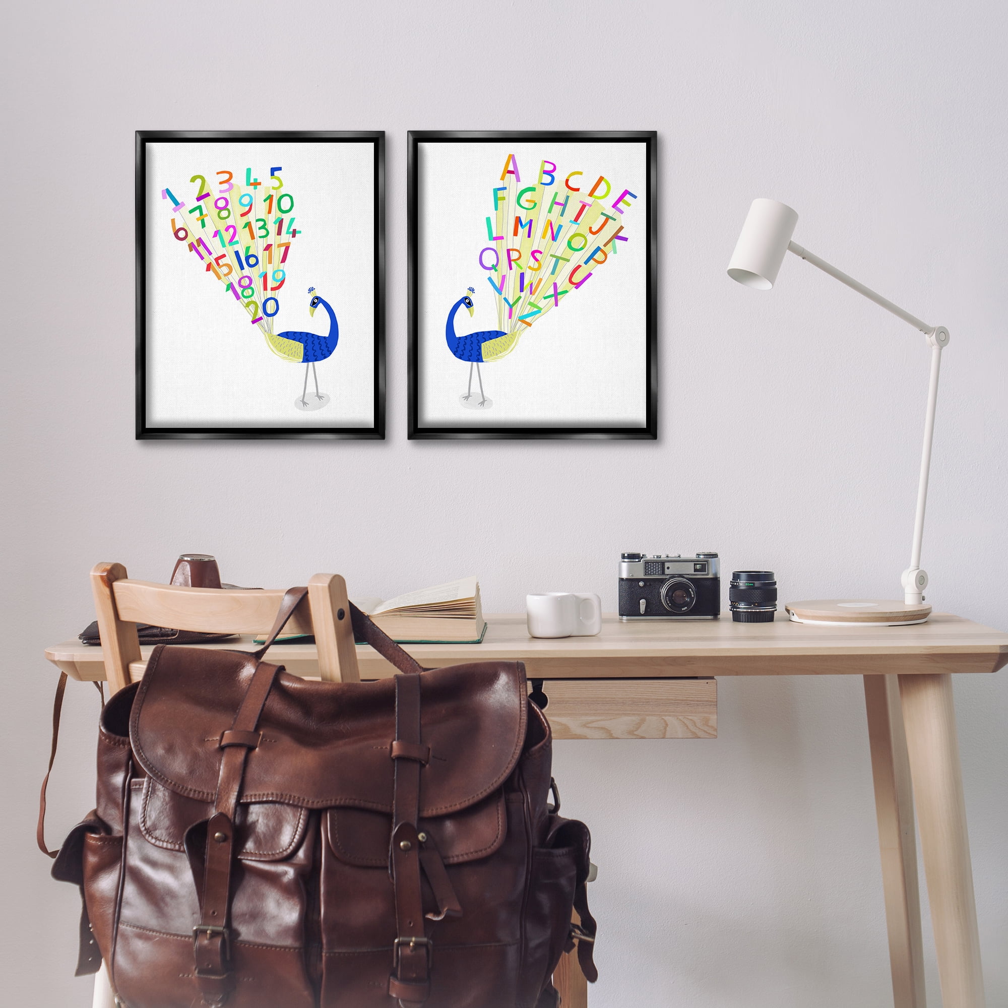 Stupell Industries Peacock Alphabet Numbers Education Painting Black Floater Framed Canvas Art Print Wall Art, 17 x 21, Set of 2