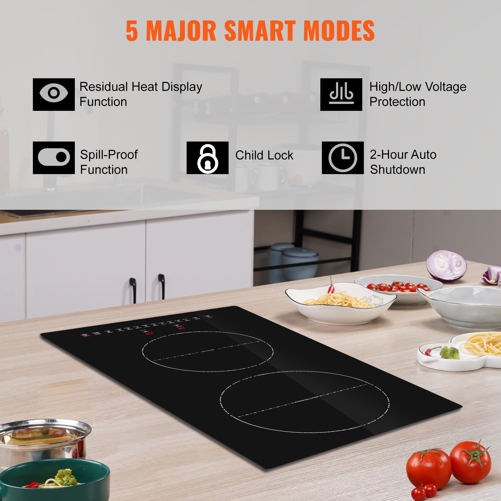 KFFKFF Induction Cooking Plate, Dual Burners, 12'' Magnetic Built-in Stove, 3000W Power, 9 Adjustable Heat Levels, LED Touch Display with Child Safety Lock & Overheat Protection