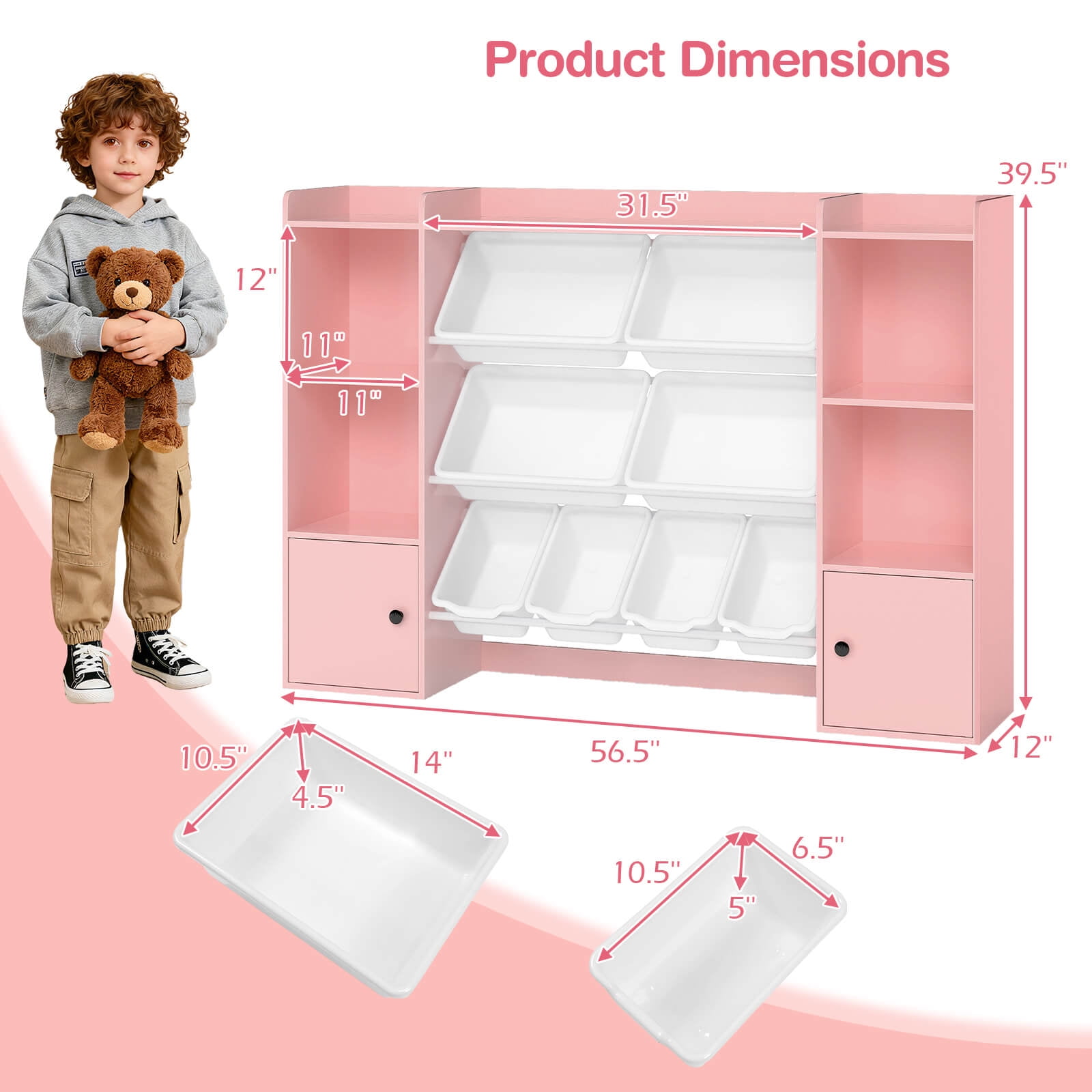 Costway Kids Toy Storage and Bookshelf with 8 Boxes Open Shelves & 2 Single-door Cabinets Pink
