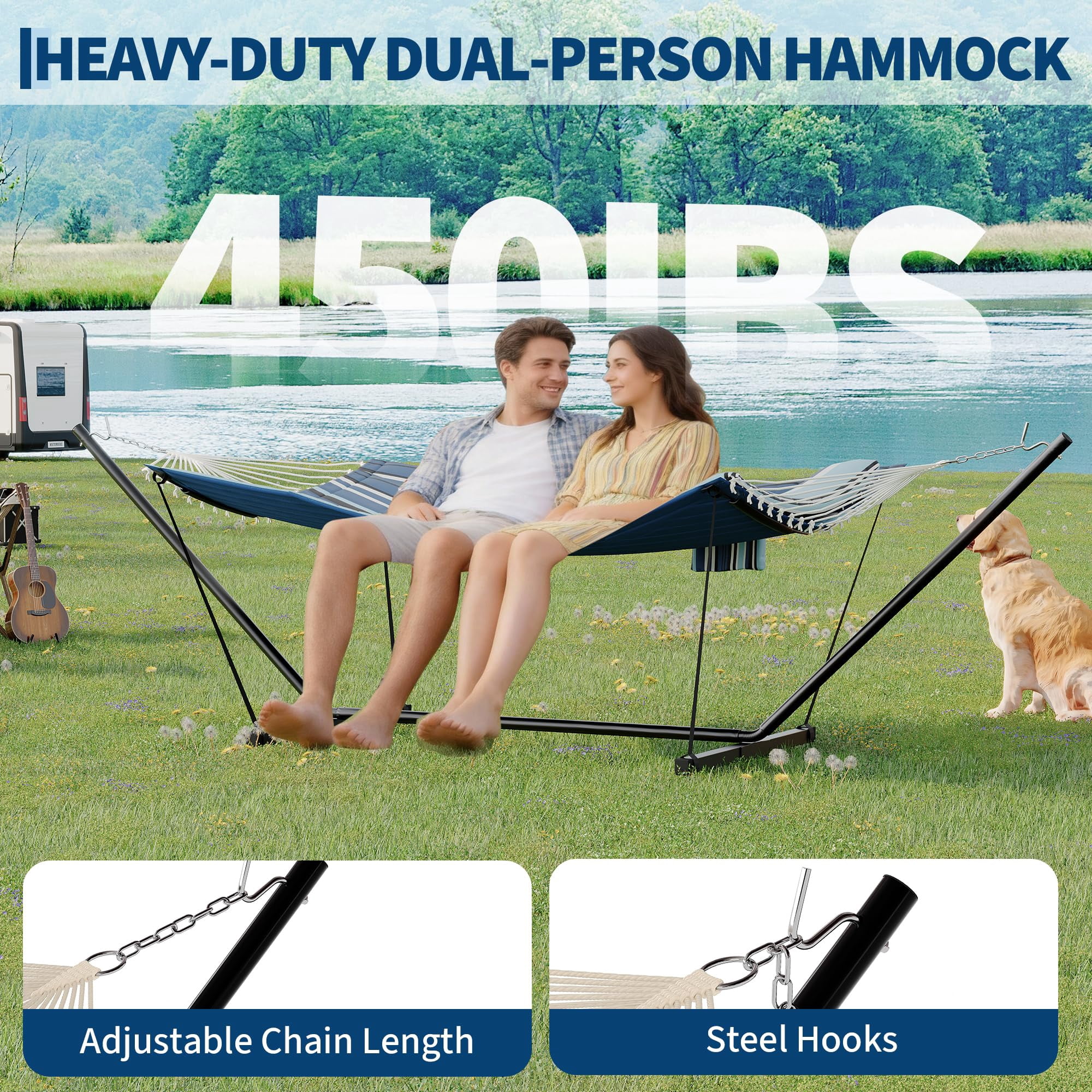 Heavy Duty 450 LBS Double Hammock with Stand & Pillow - 2 Person Outdoor Hammock with Balance Rope for Patio, Backyard, Poolside