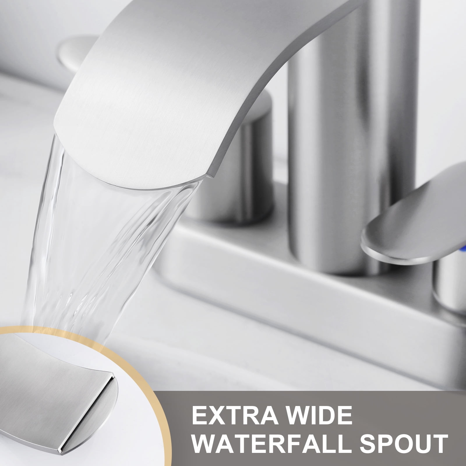 WOWOW 4 inch Brushed Nickel 2-Handle Bathroom Sink Faucet with Pop-up Drain - Lead-Free Stainless Steel Centerset Faucet for Vanity, RV, Waterfall Bathroom Sink Faucet