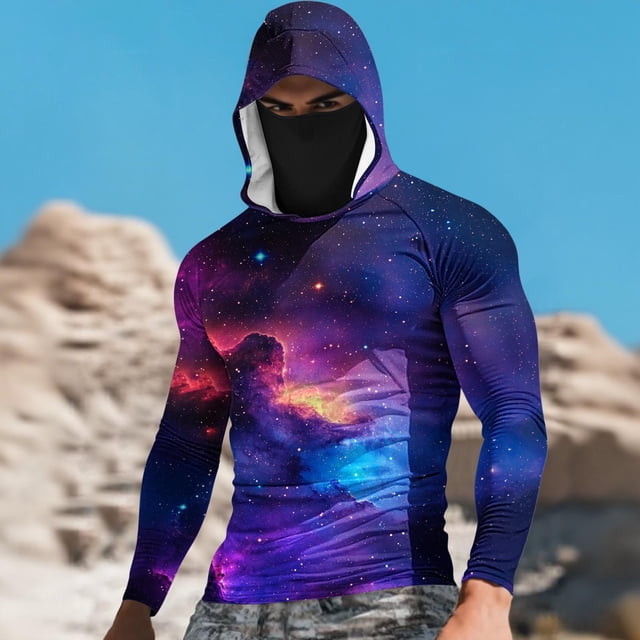 Ceisia Purple-Blue Nebula Print Hooded Top Men's Slim Fit Long Sleeve UV Protective Face Mask Shirt Orange L Gifts